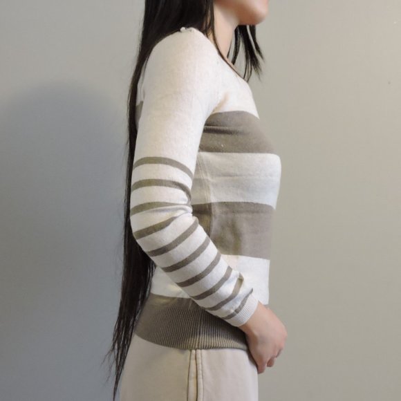 Wilfred Free Cotton Wool Sweater w/ Olive Green Stripes & Shoulder Buttons - Picture 5 of 13